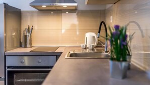 Une cuisine moderne dotée d’une hotte en acier inoxydable, d’un four encastré, d’un évier avec un robinet contemporain et d’une petite plante en pot posée sur le plan de travail.