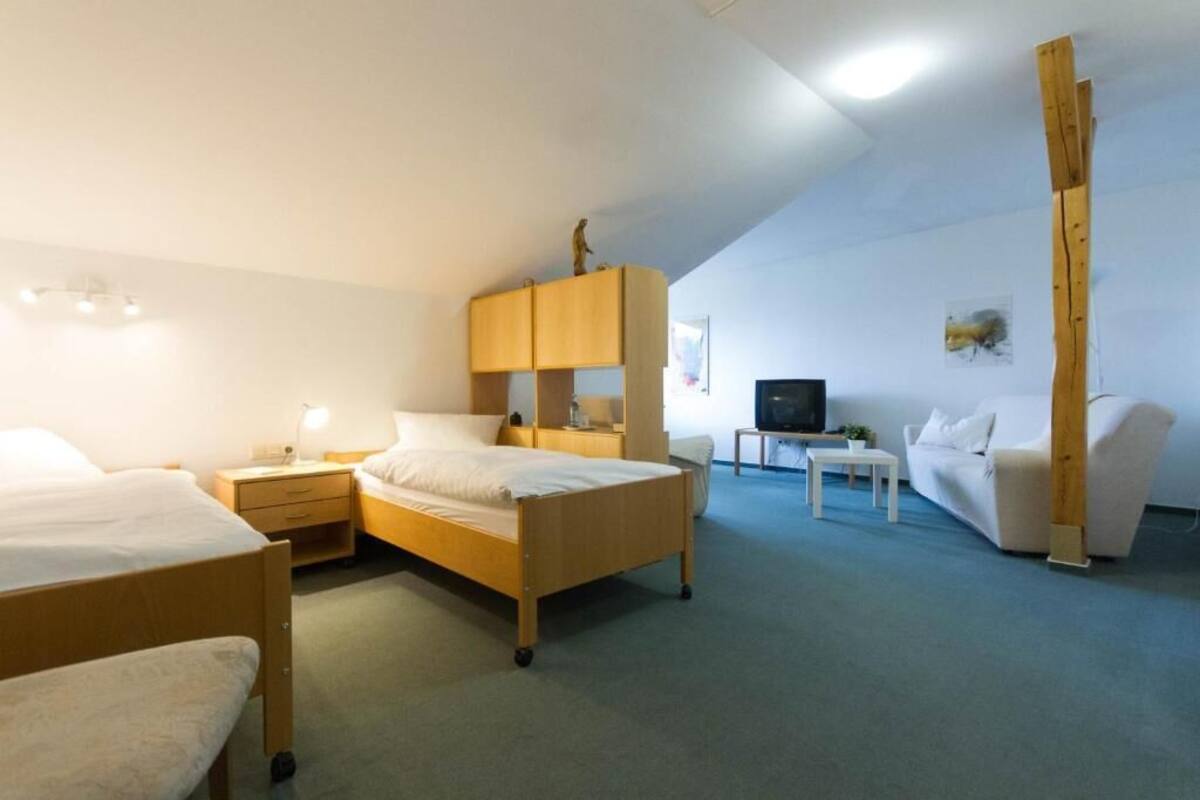 A room with a bed, a desk, a television, and a sofa.