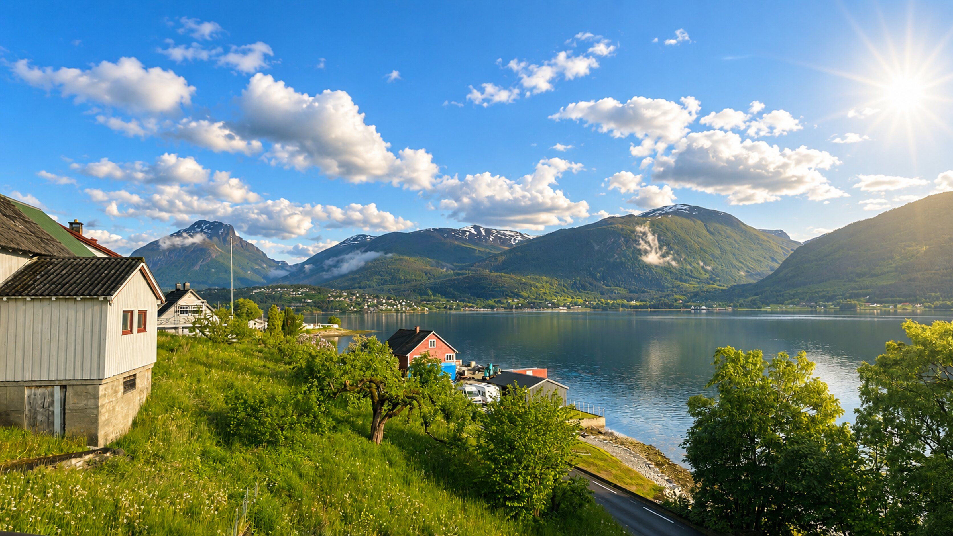 Vista para um lago com montanhas, casas e céu claro.