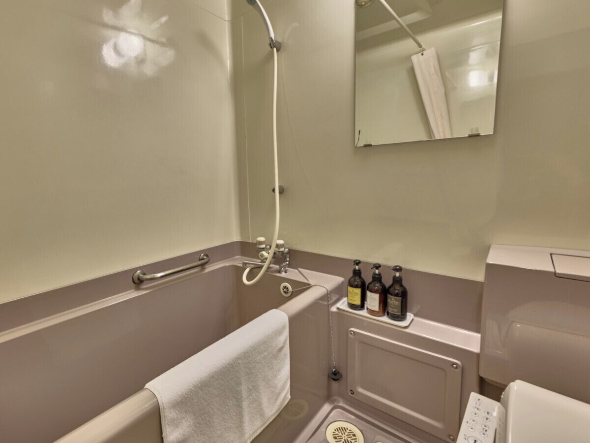 Combined shower/tub, hair dryer, slippers, towels