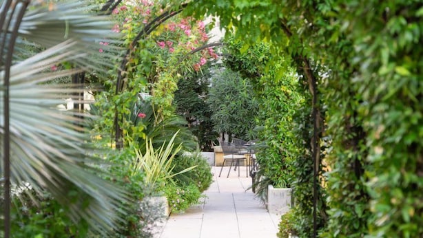 A pathway lined with lush greenery and a metal archway, leading to a seating area with chairs and tables. - Mercure Nice Centre Notre Dame Hotel (Nice)