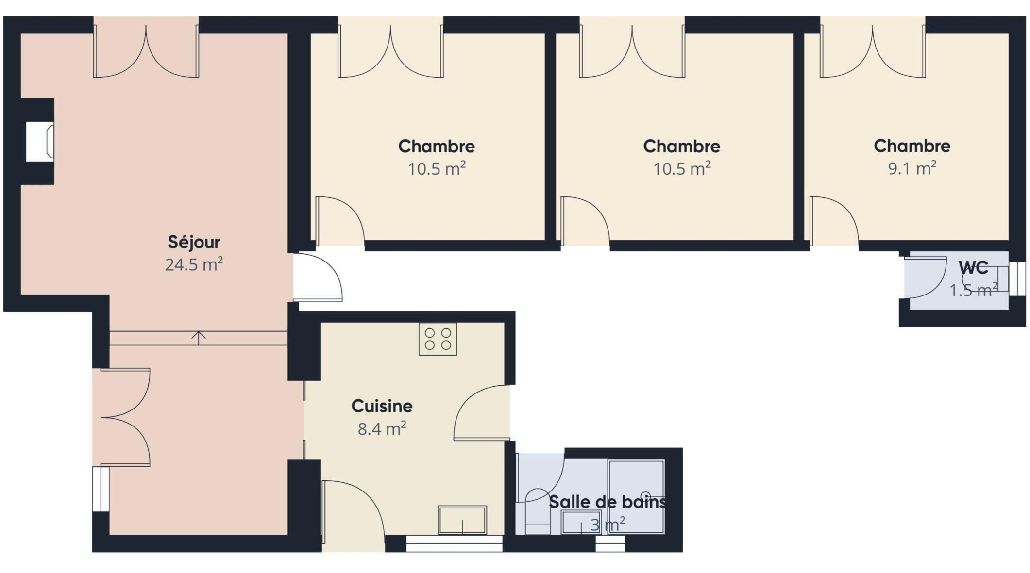 Grundriss mit Wohnzimmer (24,5 m²), drei Schlafzimmern (10,5 m², 10,5 m², 9,1 m²), Küche (8,4 m²), Bad (3 m²) und WC (1,5 m²).