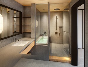A modern bathroom with a glass-enclosed shower, a built-in bathtub, and a large mirror. - Hilton Grand Vacations Club Tradimo Kyoto Gojo (Kyoto)