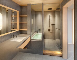 A modern bathroom with a glass-enclosed shower, a sink with a wooden vanity, and a mirror with shelves. - Hilton Grand Vacations Club Tradimo Kyoto Gojo (Kyoto)