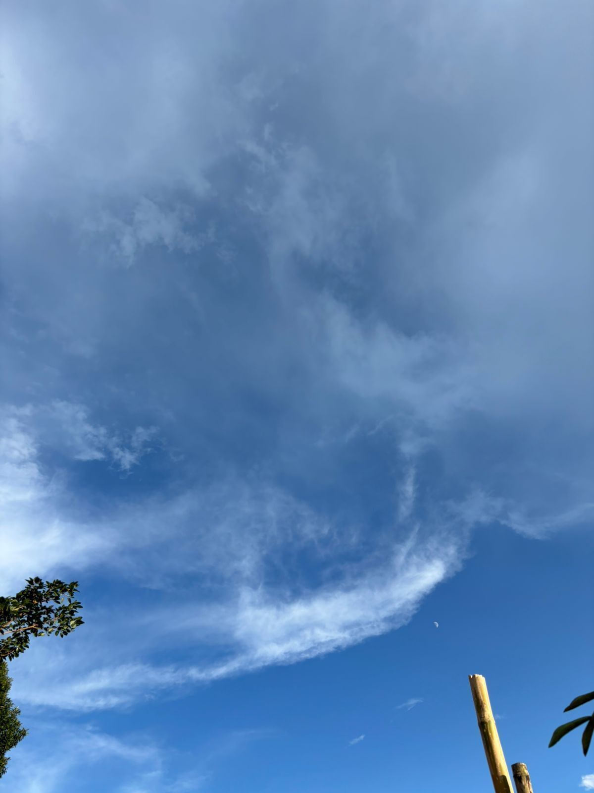 Cielo despejado con algunas nubes y una luna visible.