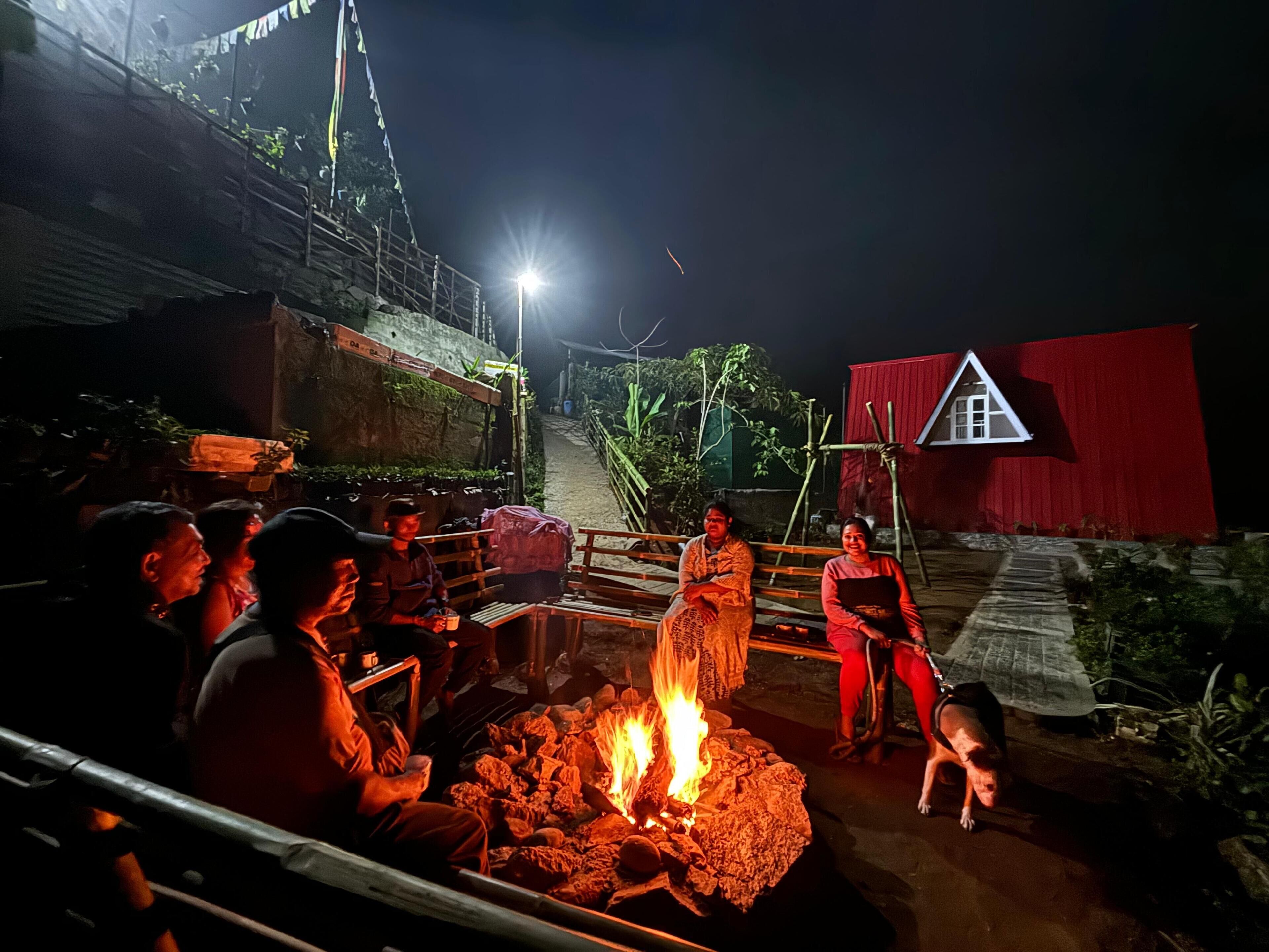 A group of people gathered around a fire pit outdoors at night.
