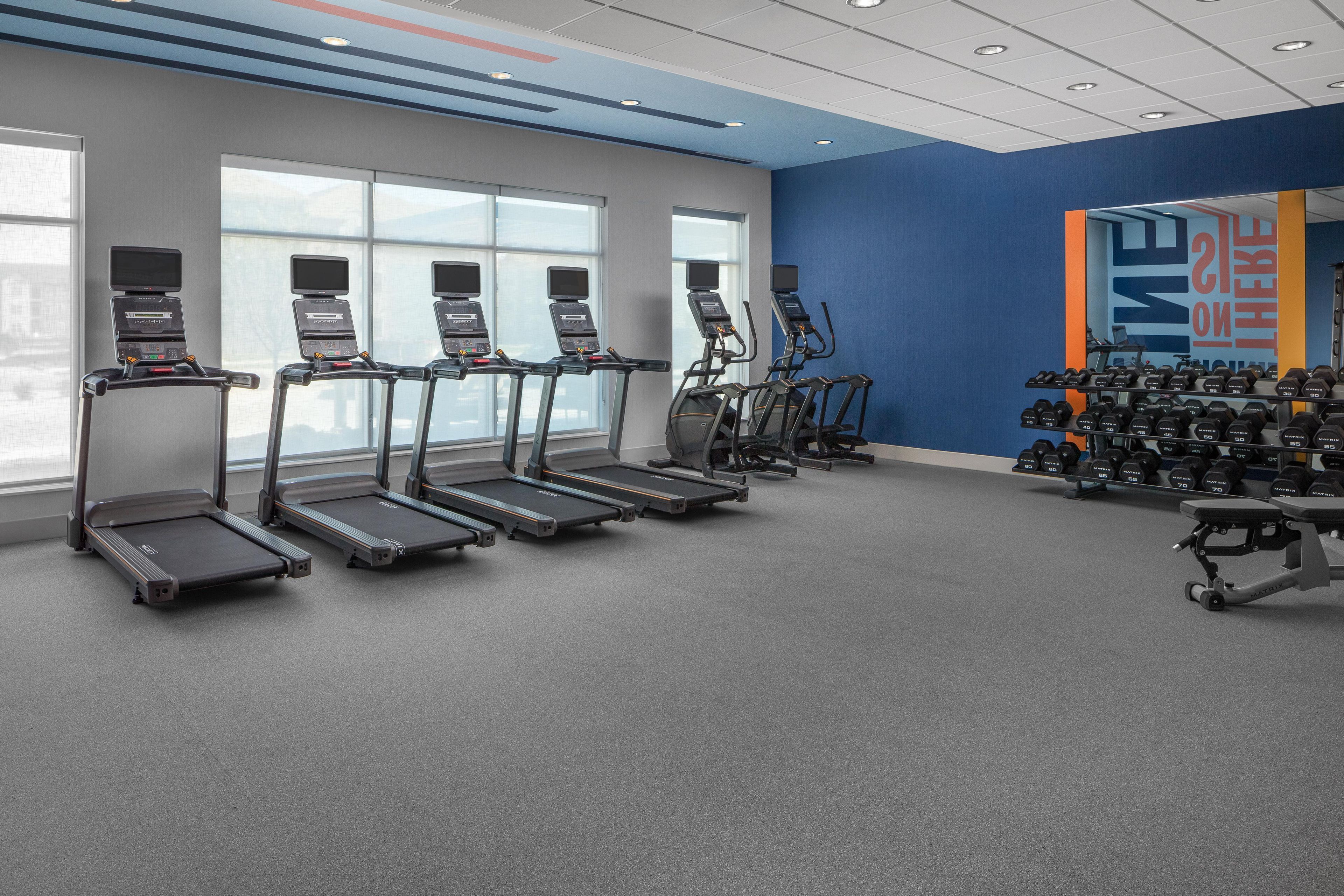 A gym with treadmills, dumbbells, and a mirror.