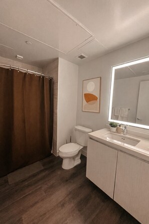 Secadora de cabello, toallas, jabón, papel de baño 
