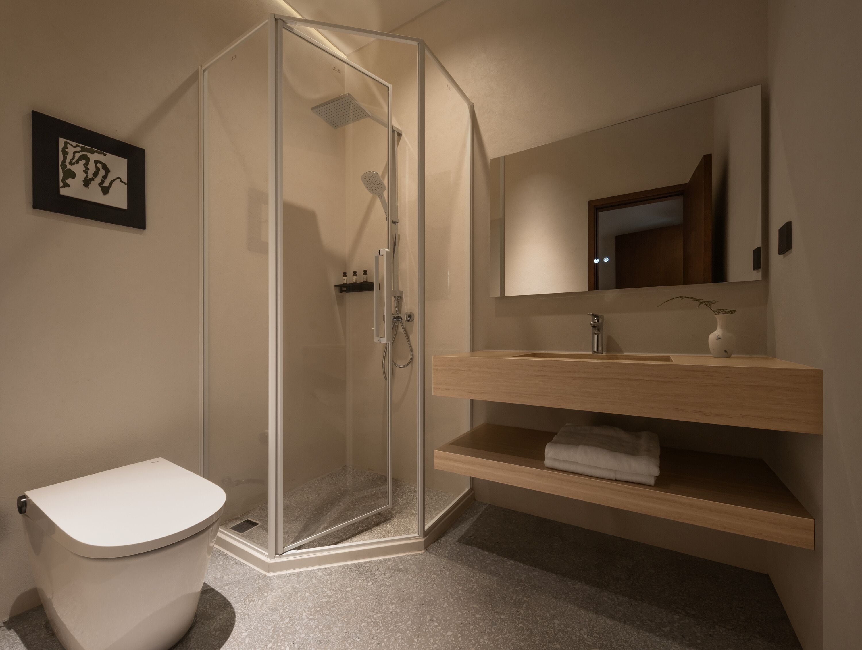 A modern bathroom with a glass shower enclosure, a toilet, a sink with a mirror, and a wooden vanity.