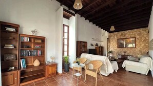 Amplia sala de estar con techos altos, chimenea, estantería y comedor.