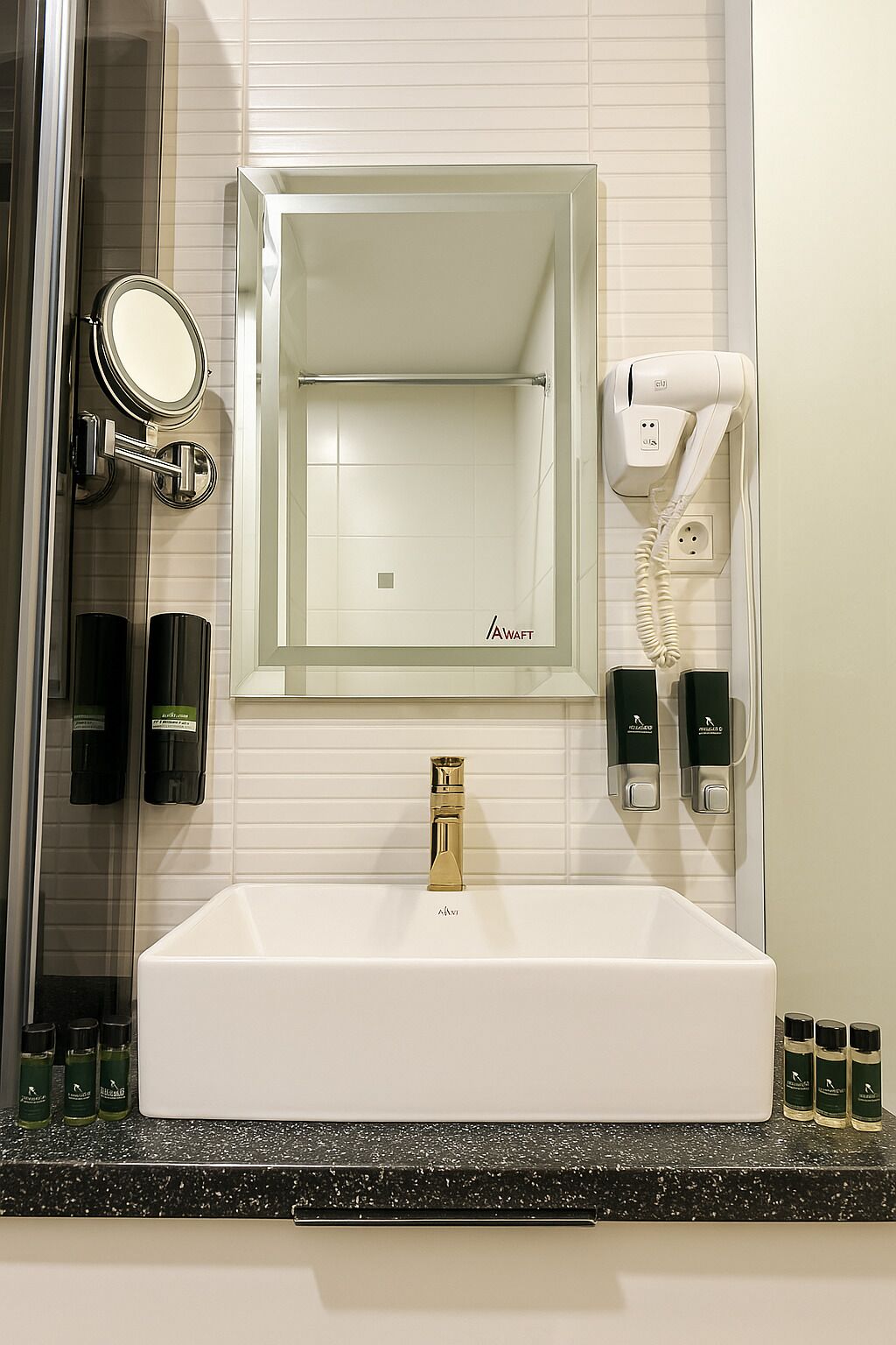 Une salle de bain avec un lavabo blanc, un miroir, un sèche-cheveux et des articles de toilette.