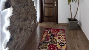 Um corredor com parede de pedra, porta de madeira, planta em vaso e tapete estampado.