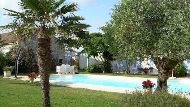 A pool surrounded by a well-maintained lawn, a stone building, and several trees. - Au Calme 4 star house 2 bedrooms large swimming pool 6x12 m sea and town 1,5 km (Saint-Pierre-d'Oléron)