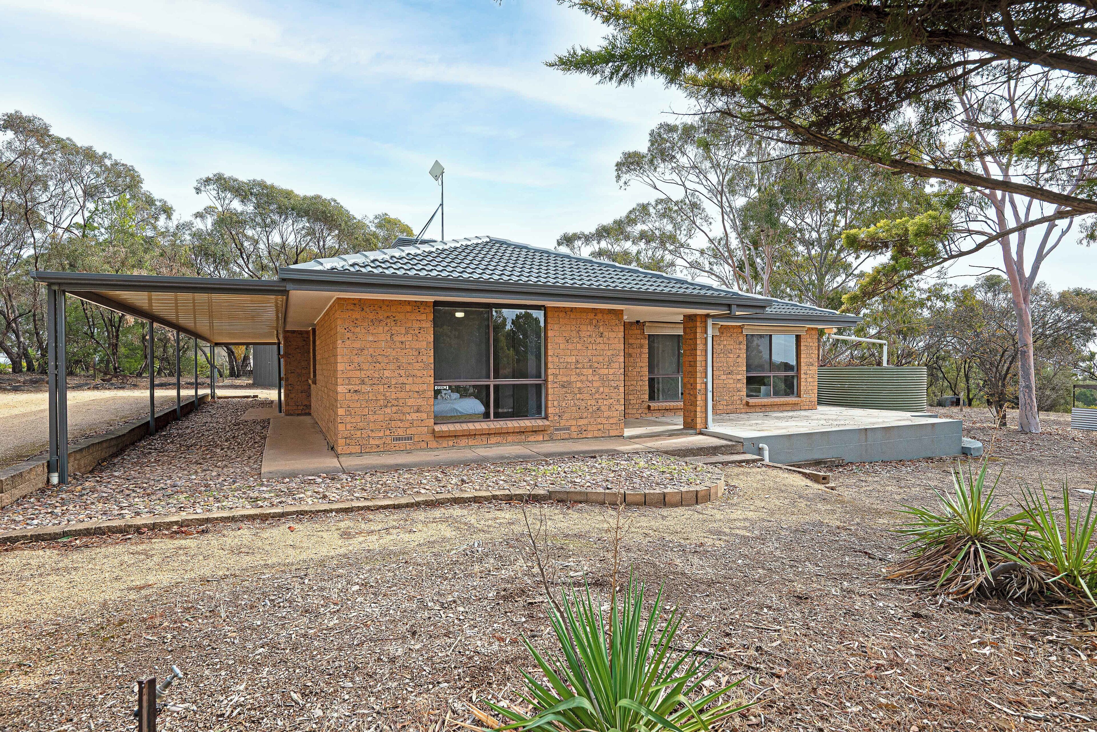 A modern brick house with a covered porch, large windows, and a well-maintained garden with native plants.