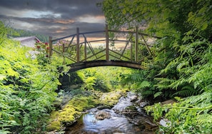 Un puente de madera sobre un arroyo en un jardín frondoso, con abundante vegetación y un cielo nublado.