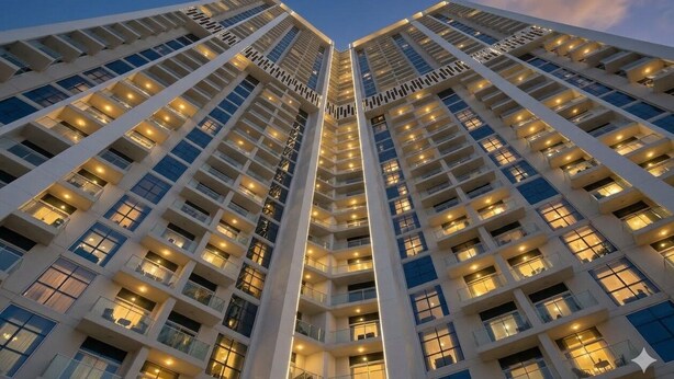 A high-rise building with multiple balconies and illuminated windows, suggesting a modern hotel or residential complex. - Skyz Lifestyle 1BR Residences at Arjan (Dubai)