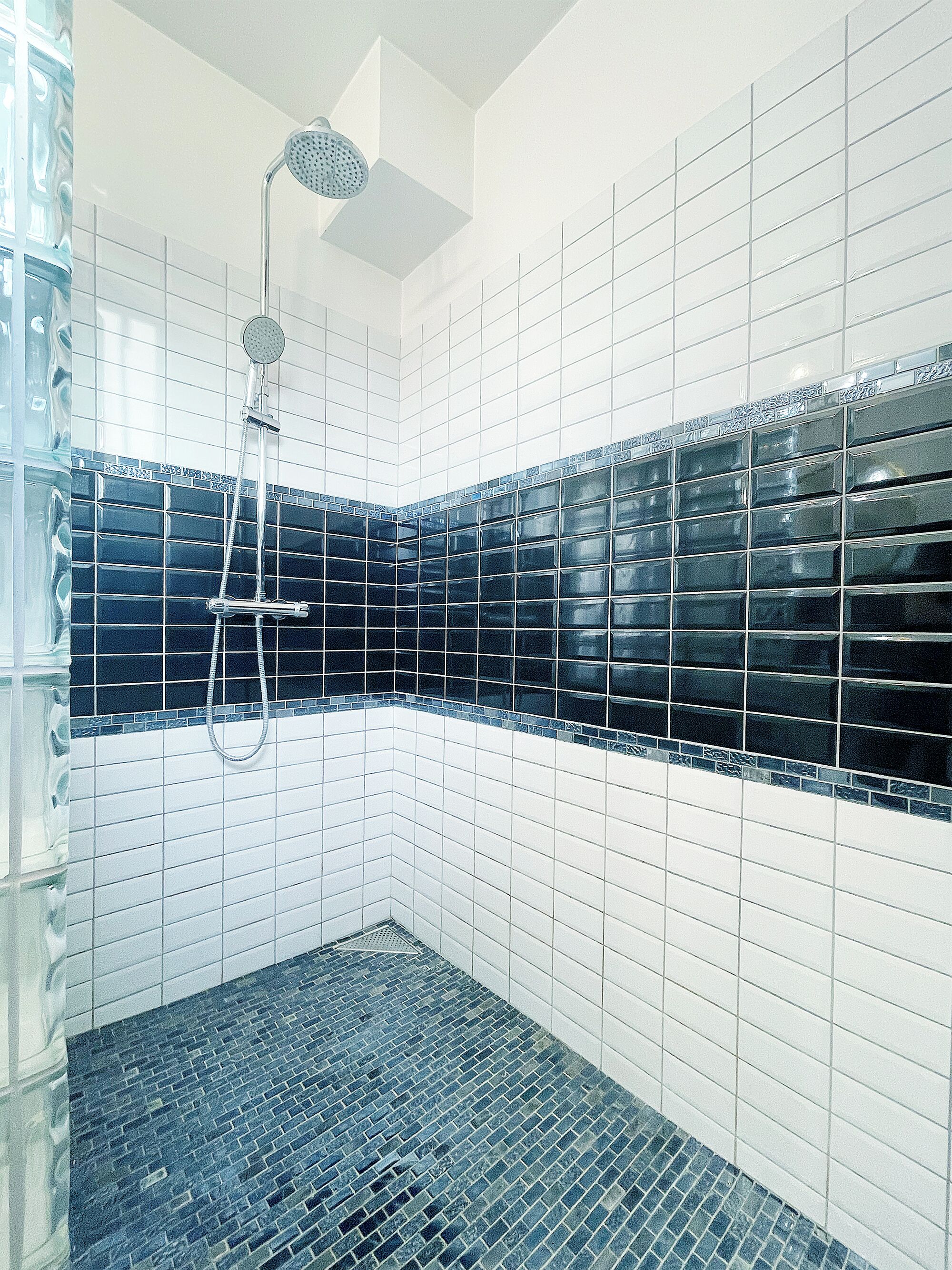 Shower, hair dryer, towels, toilet paper