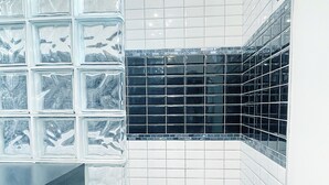 Une salle de bain avec un sol carrelé, un mur en blocs de verre et un coin recouvert de carreaux noirs.