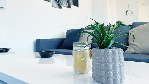 Un salon moderne avec un canapé bleu, une table basse blanche, une plante en pot et une bougie.