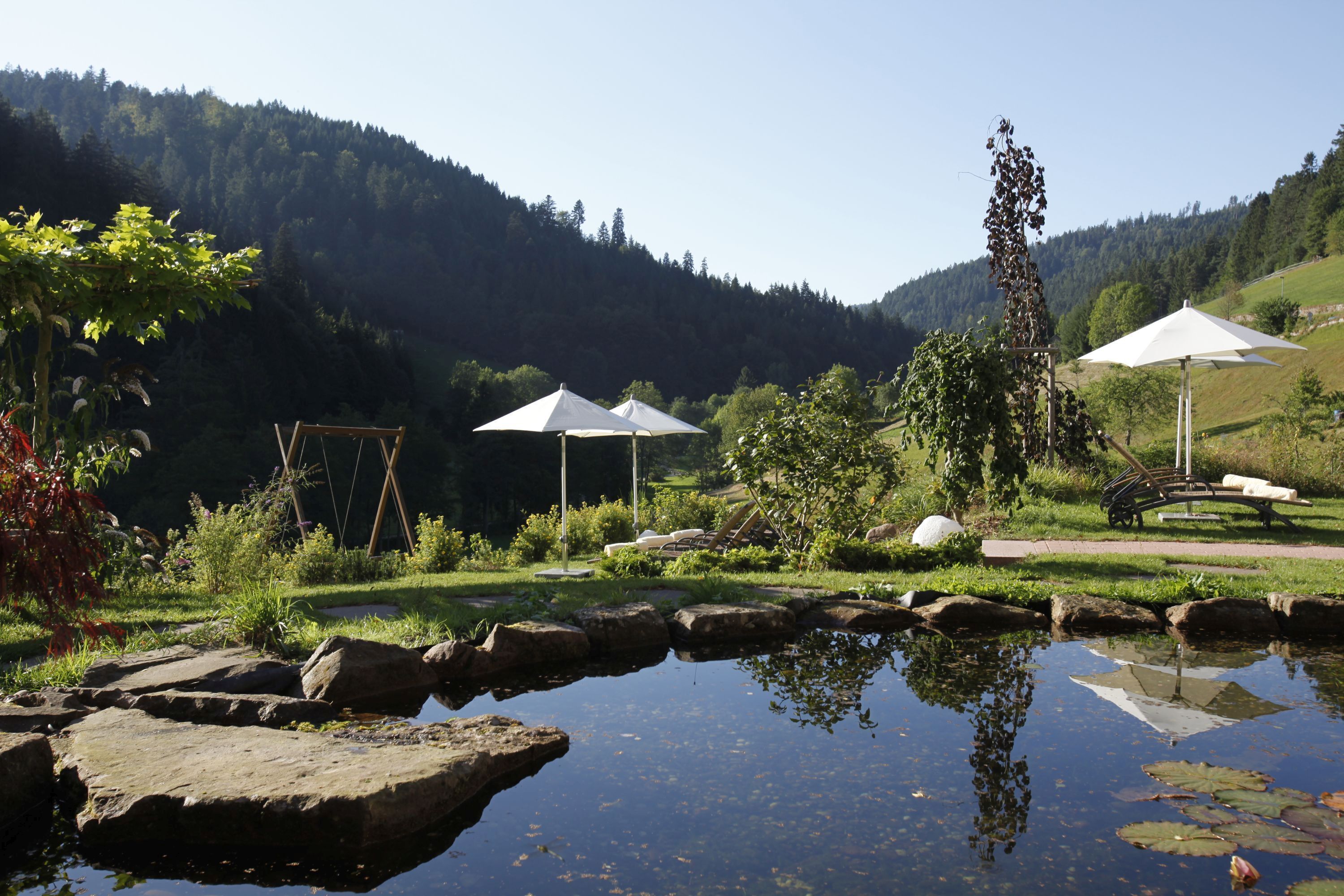 A serene outdoor setting with a pond, rocks, and umbrellas.