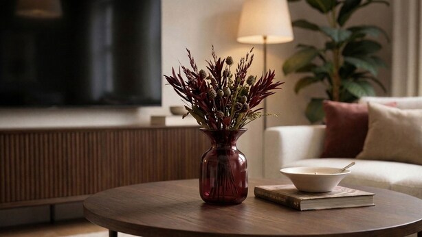 A round wooden coffee table with a red vase containing dried plants, a bowl, and a book. - Prime Covent Garden Stay - Central, Calm & Stylish (London)
