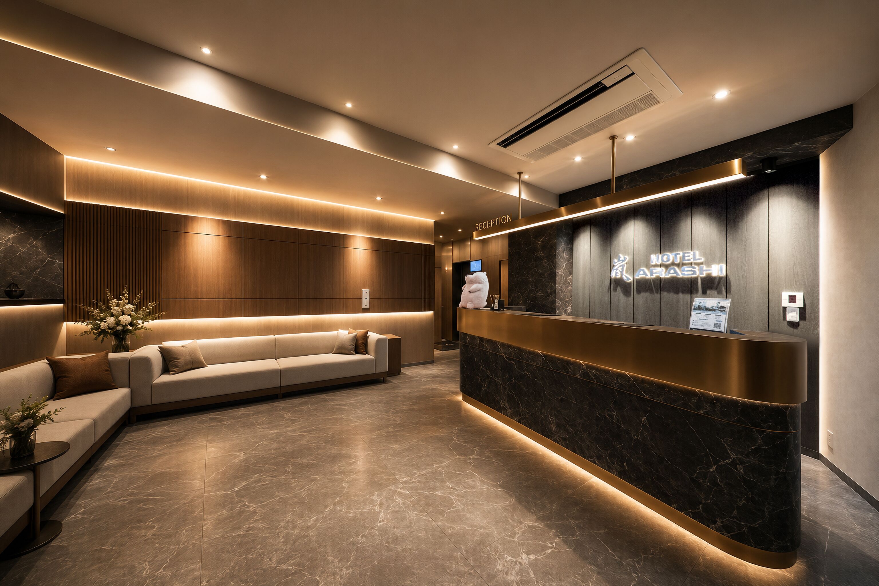 A modern hotel reception area with a reception desk, a sofa, and a wall-mounted TV.