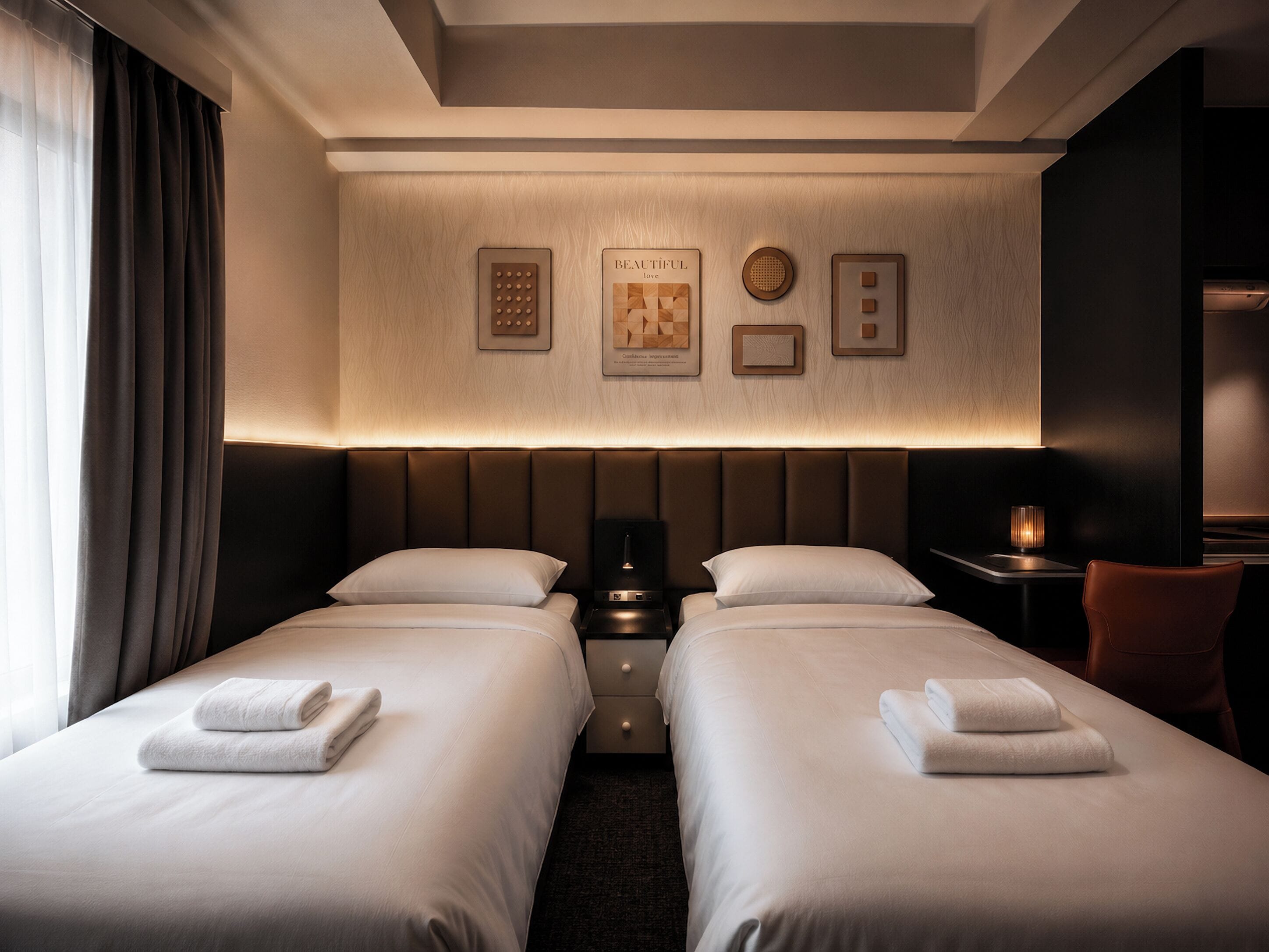 A hotel room with two beds, a nightstand, a lamp, and a wall-mounted artwork.
