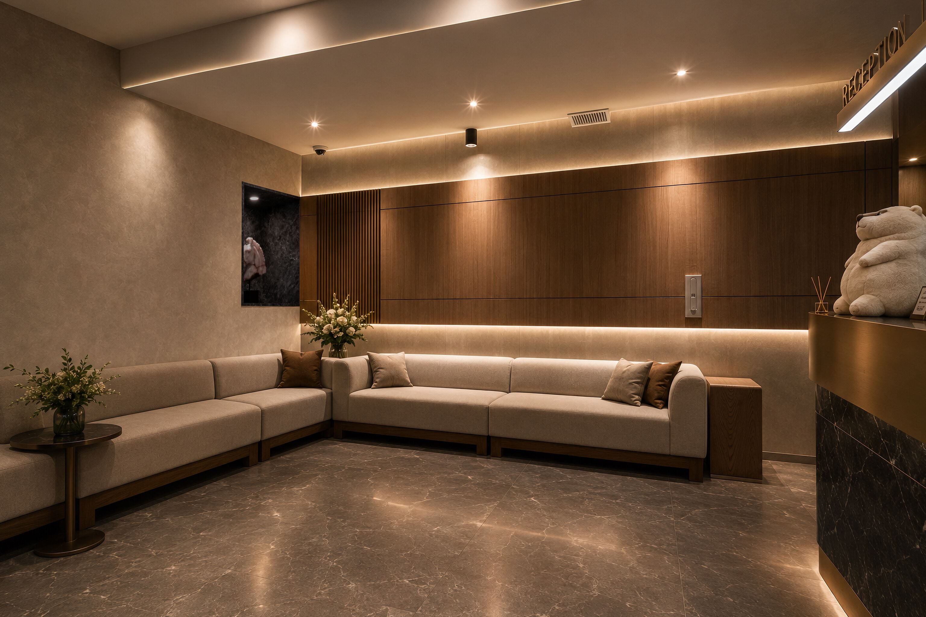 Un área de recepción moderna con un sofá modular, una mesa de recepción y un espejo montado en la pared.