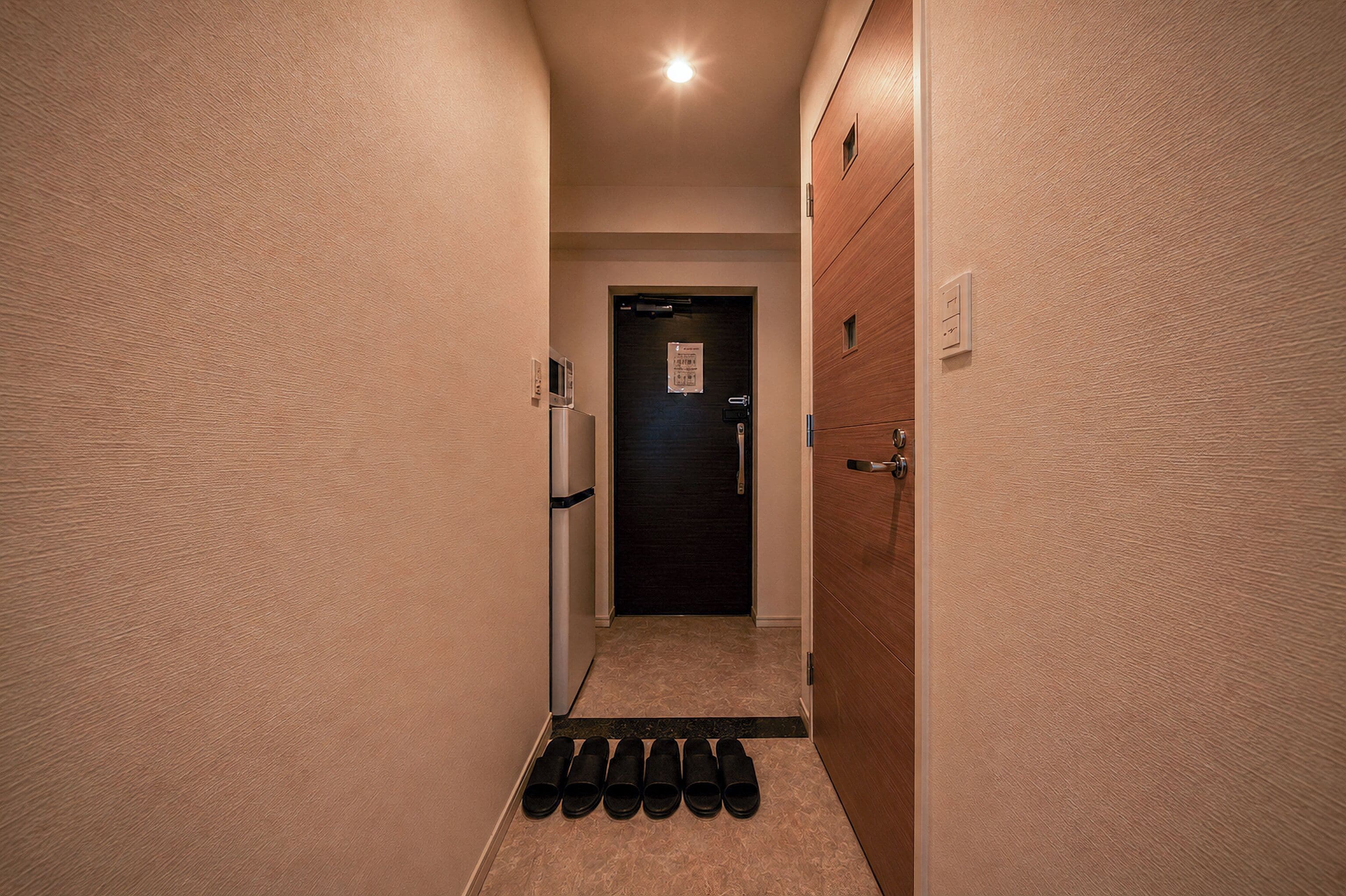 Un pasillo estrecho con una puerta al final, un aplique en la pared y un juego de felpudos negros en el suelo.