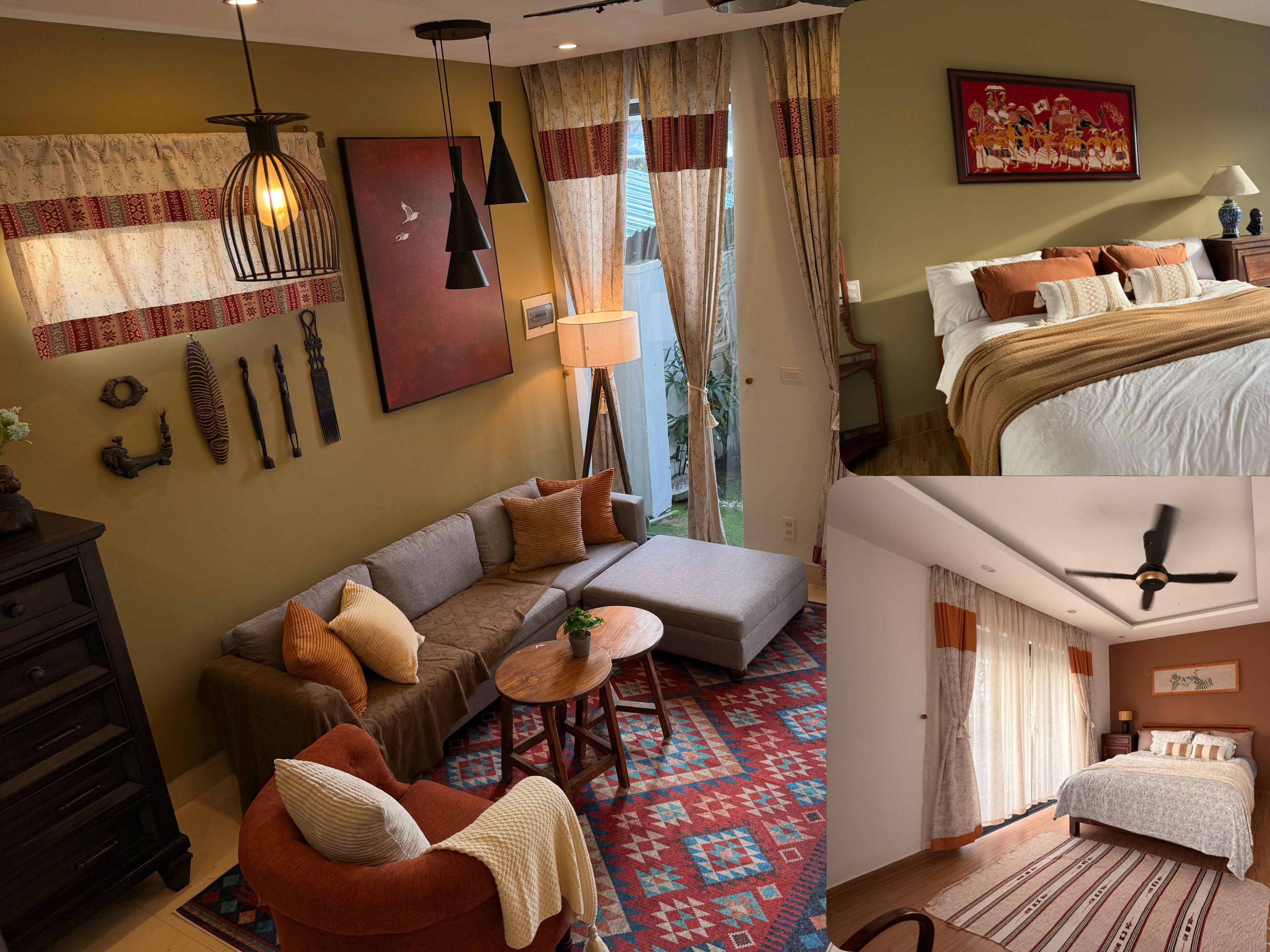 Habitación de hotel bien iluminada con sofá, una mesita y una cama. Hay cortinas, una lámpara y un cuadro en la pared.
