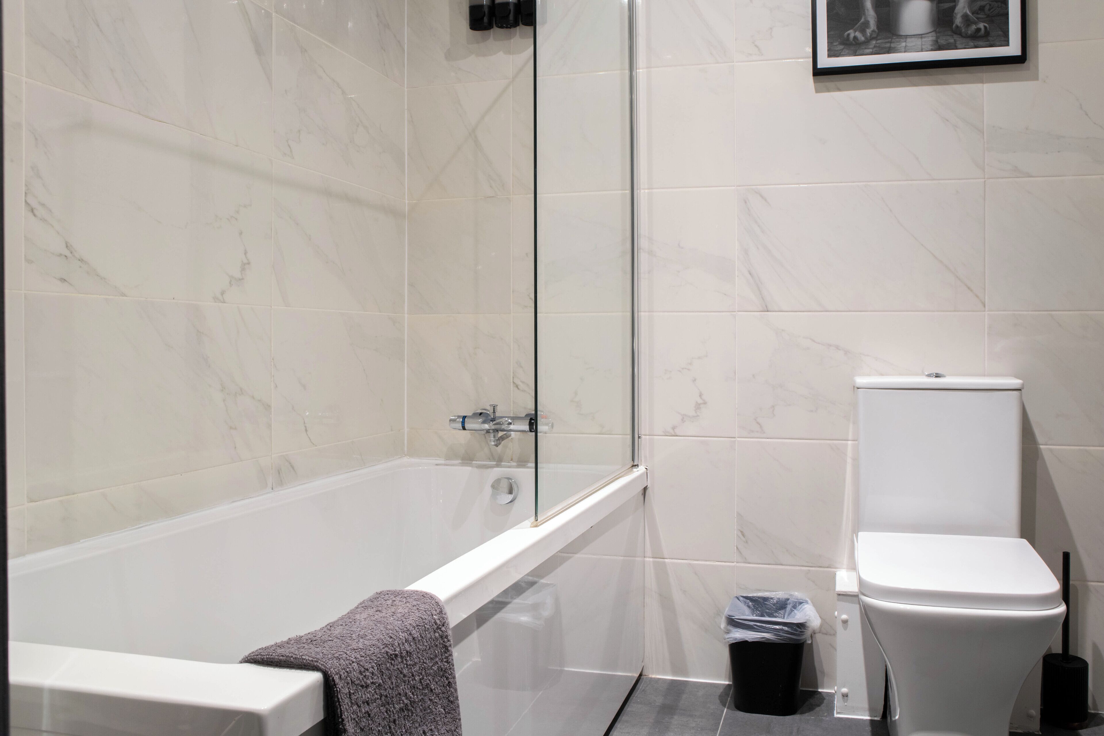 Hair dryer, towels, soap, shampoo