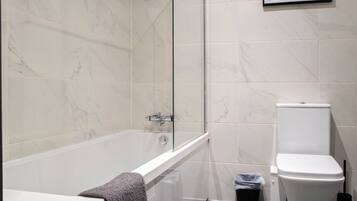 Hair dryer, towels, soap, shampoo