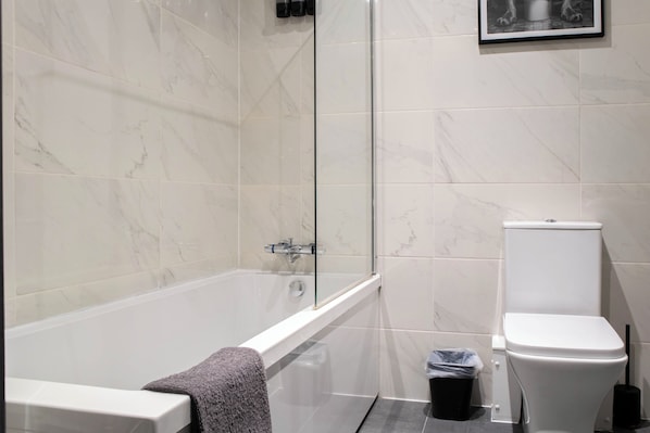Hair dryer, towels, soap, shampoo