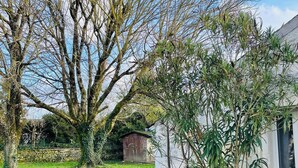 Uma estrada de cascalho leva a uma casa com um muro de pedra e um galpão de madeira ao fundo.