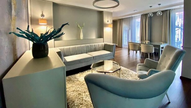 A modern living room with a grey sofa, a blue armchair, and a glass coffee table. There is a decorative plant on a white console table. - Boutique Hotel Center (Kecskemét)