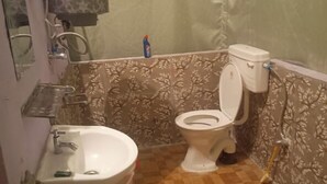 A small bathroom with a toilet, sink, and a shower area. - Baspa Valley Adventure Camp (Rakchham)
