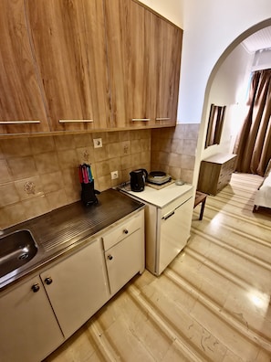 Una cocina compacta con armarios de madera, un lavamanos y una encimera.