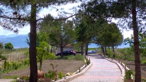 A paved pathway lined with trees, a car parked in the background, and a view of mountains in the distance.