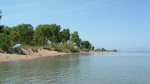 A beach with clear water, trees, and a few boats in the distance.