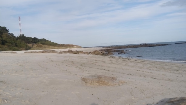 A beach with a rocky shoreline, a distant tower, and sparse vegetation. - T2 less than 50m from the beach in Beg Meil near Fouesnant (Fouesnant)