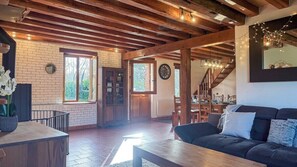 Televisión, chimenea, mesa de ping pong