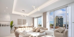 A modern living room with a sofa, a dining area, and a view of a cityscape. - LUX District One Lagoon View Townhouse (Dubai)