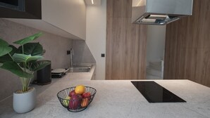Una cocina moderna con encimera, cocina por inducción negra, una planta en maceta y un frutero.