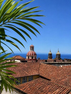 A coastal town with terracotta roofs, a prominent church with a red and white dome, and two bell towers. - Hotel Jardin Secreto (La Orotava)