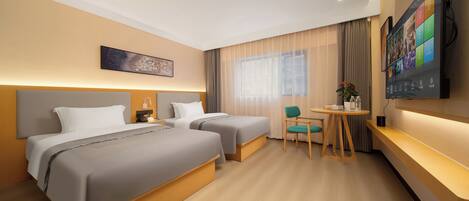 A hotel room with two beds, a desk, a chair, a TV, and a painting on the wall.
