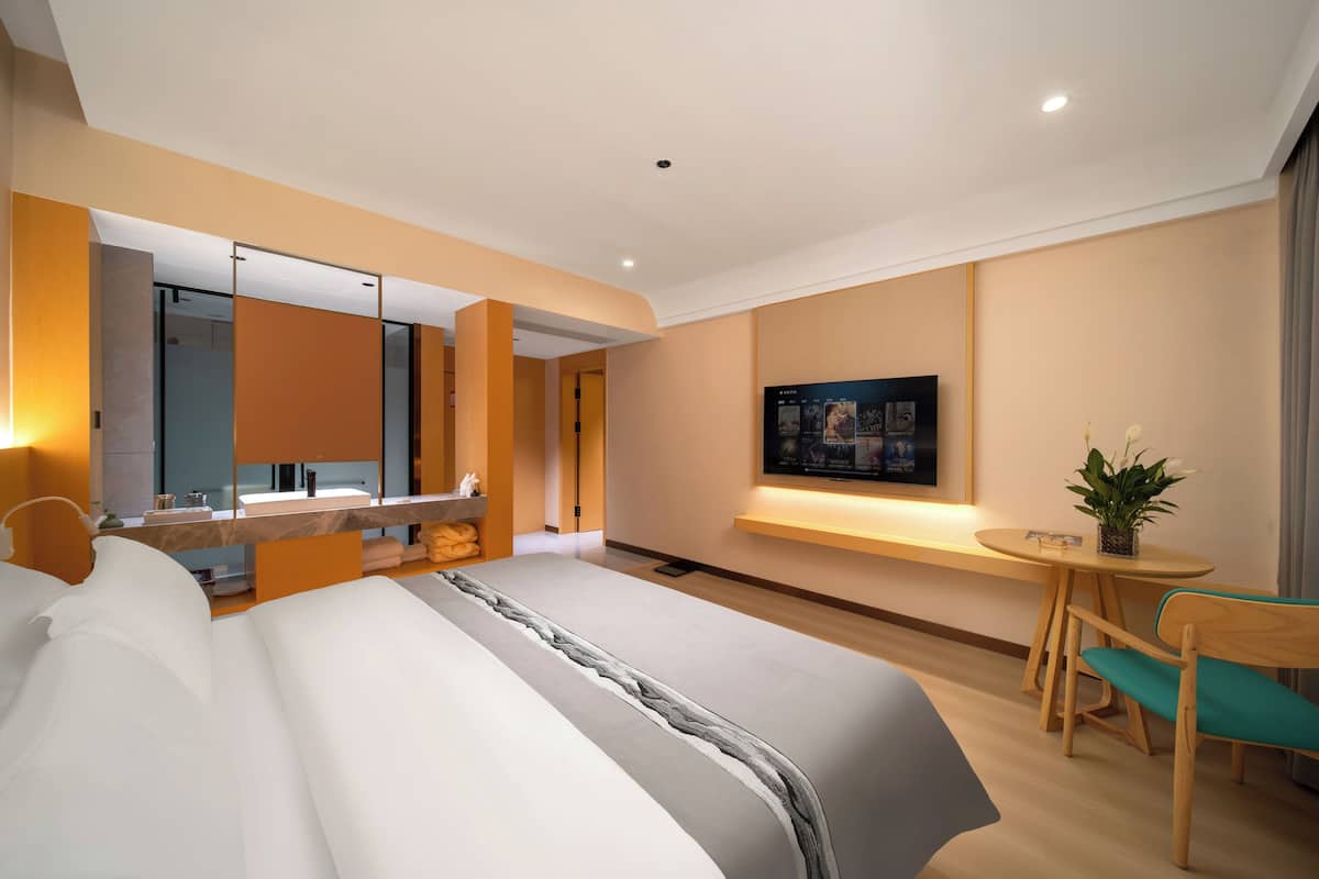 A hotel room with a bed, a desk, a chair, a TV, and a plant.