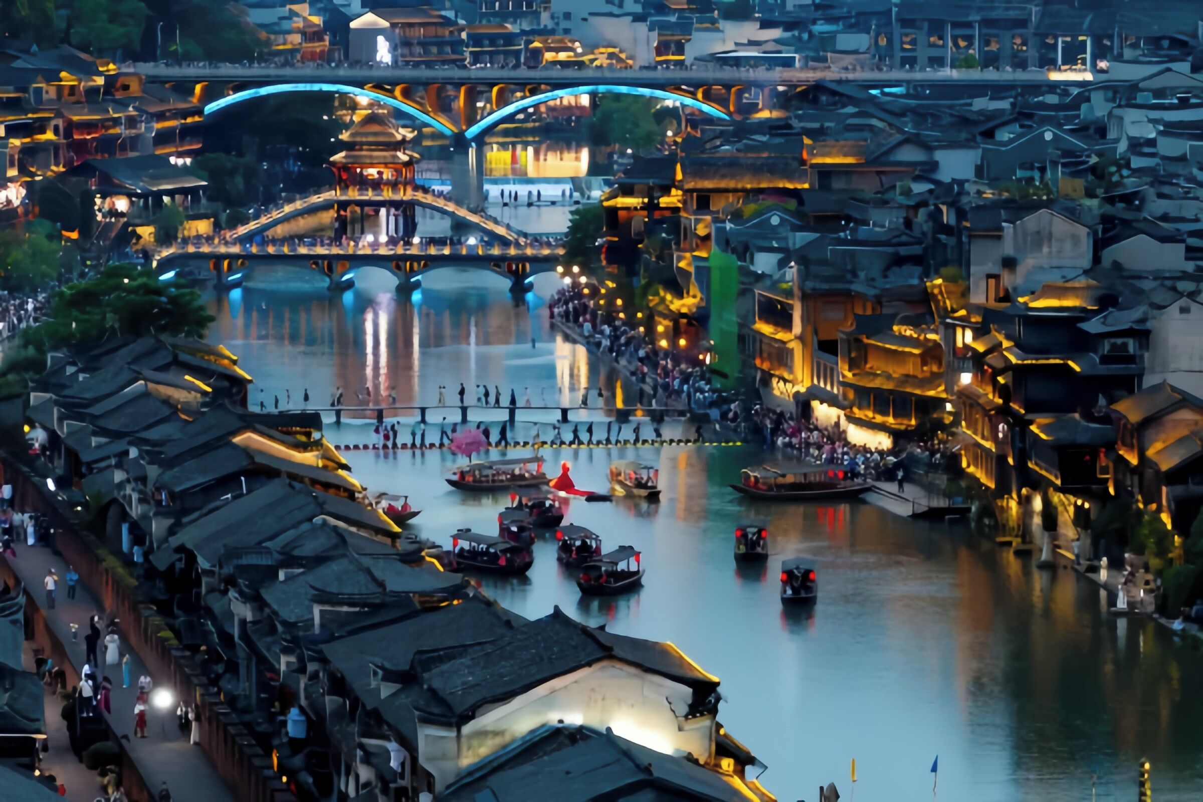 A traditional riverside town with narrow streets, wooden buildings, and a bridge.