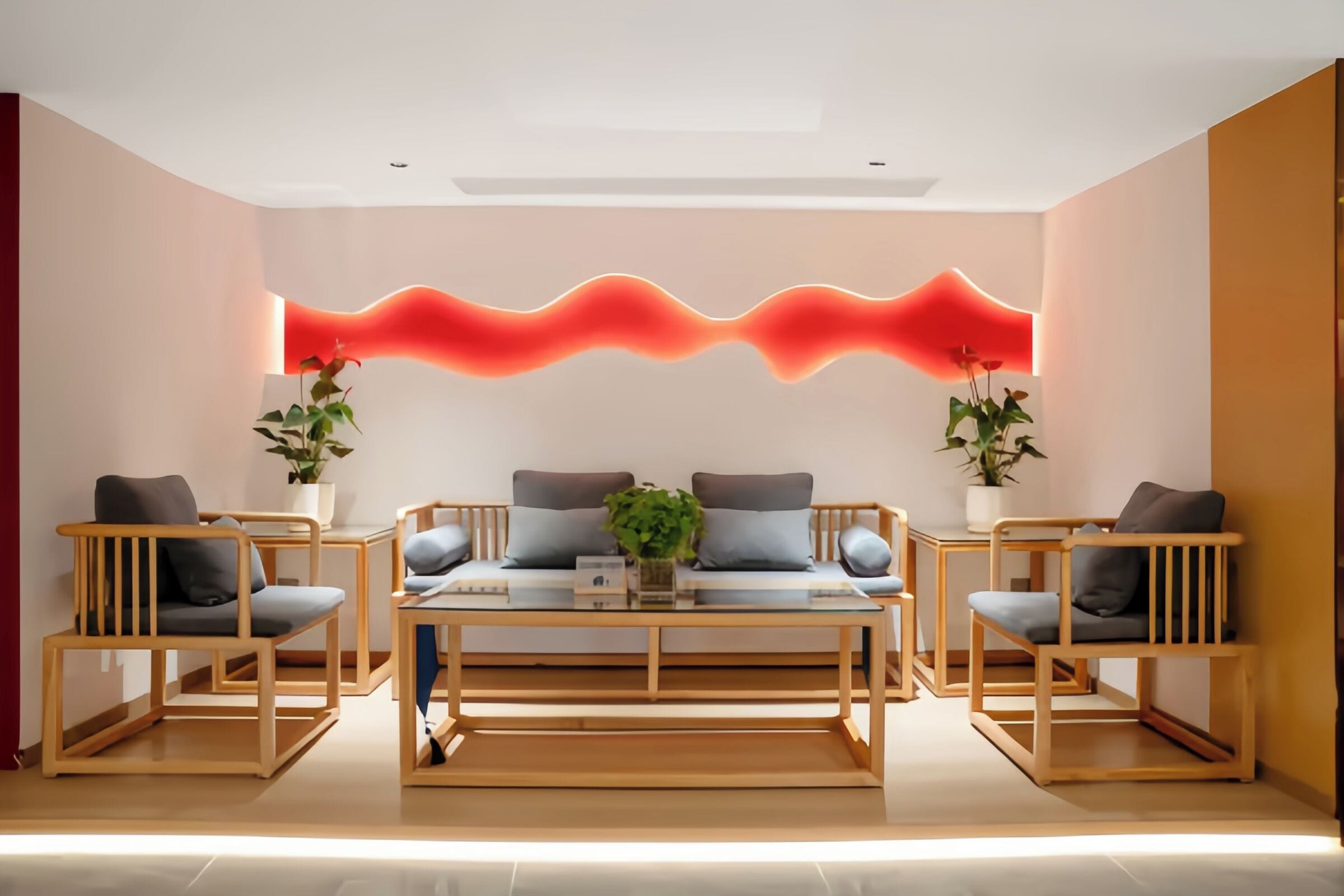 A modern living room with a sofa set, two side tables, and a unique wall feature.