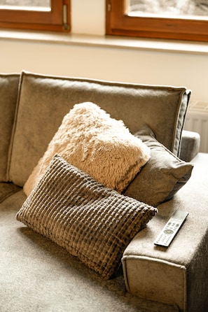 A beige sofa with a remote control on it, and two pillows, one beige and one brown.