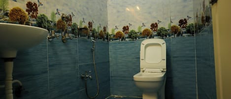Shower, towels, soap, shampoo